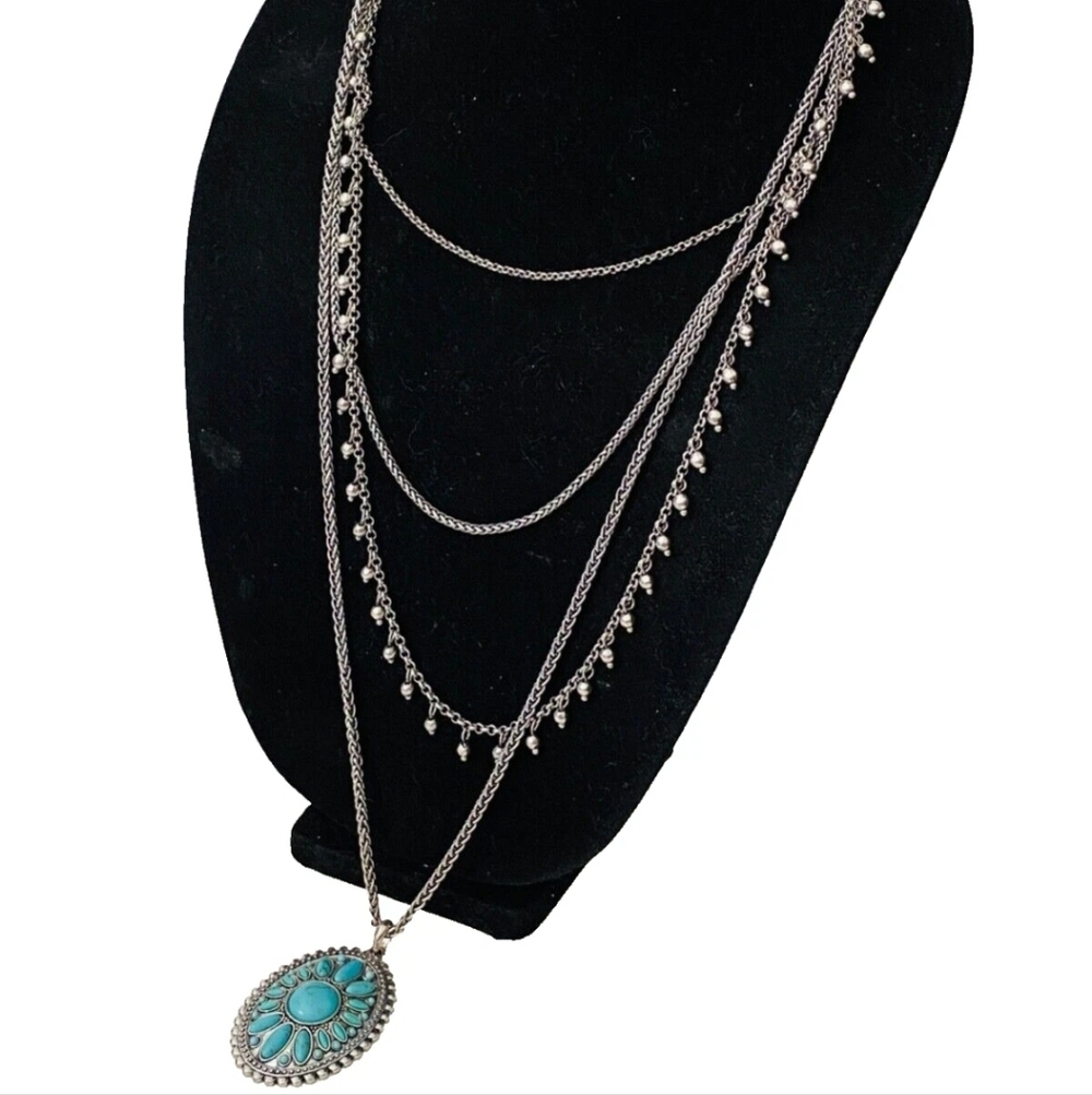 Lucky Brand Silver with Turquoise Pendant & Multi Layered Necklace. NEW
